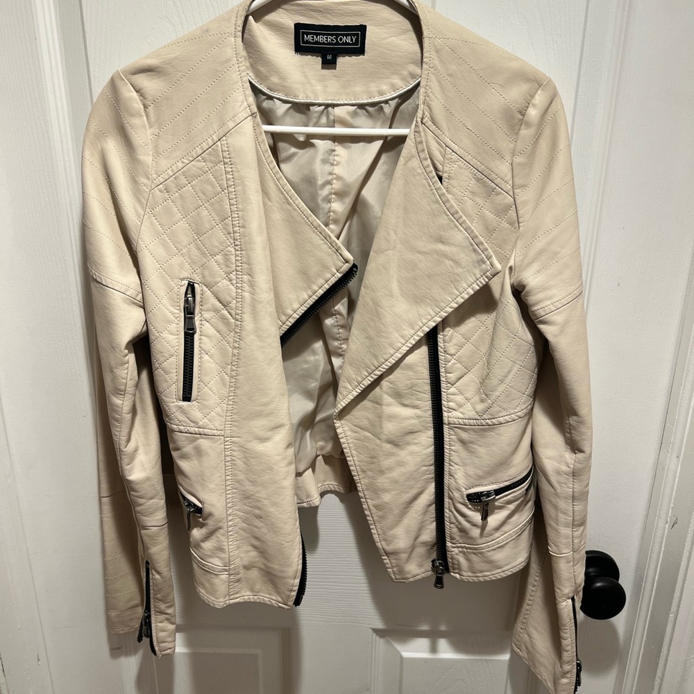 Members Only Cream Leather Jacket Asymmetrical Moto Style